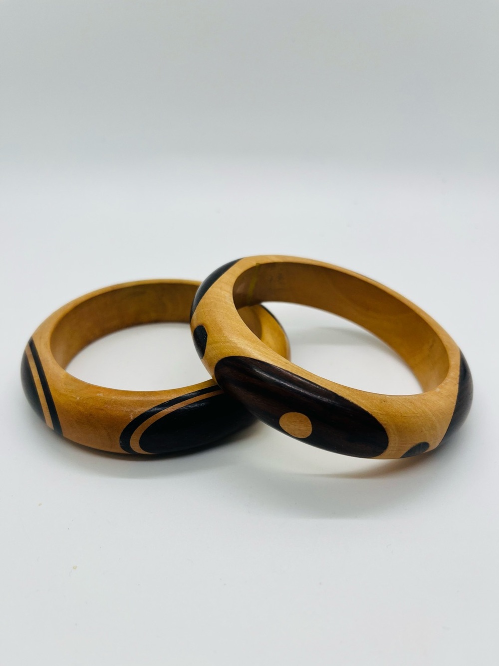 Set/2  7.5” Handmade Wooden Boho Bangle Bracelets in Natural & Dark Brown